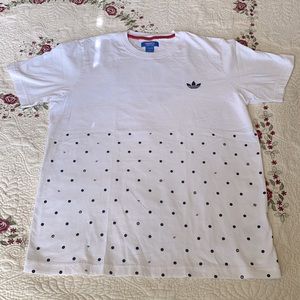 Adidas Short Sleeve Shirt, Sz L, White, Polka dot and Leopard Adidas logo
